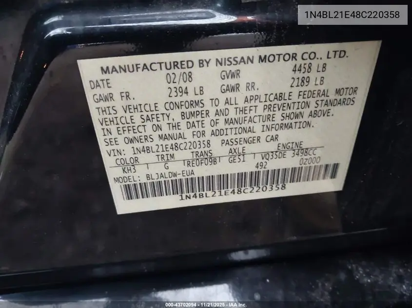 1N4BL21E48C220358 2008 Nissan Altima 3.5 Se