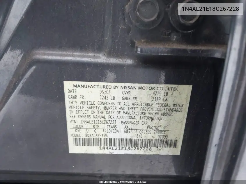 1N4AL21E18C267228 2008 Nissan Altima 2.5 S