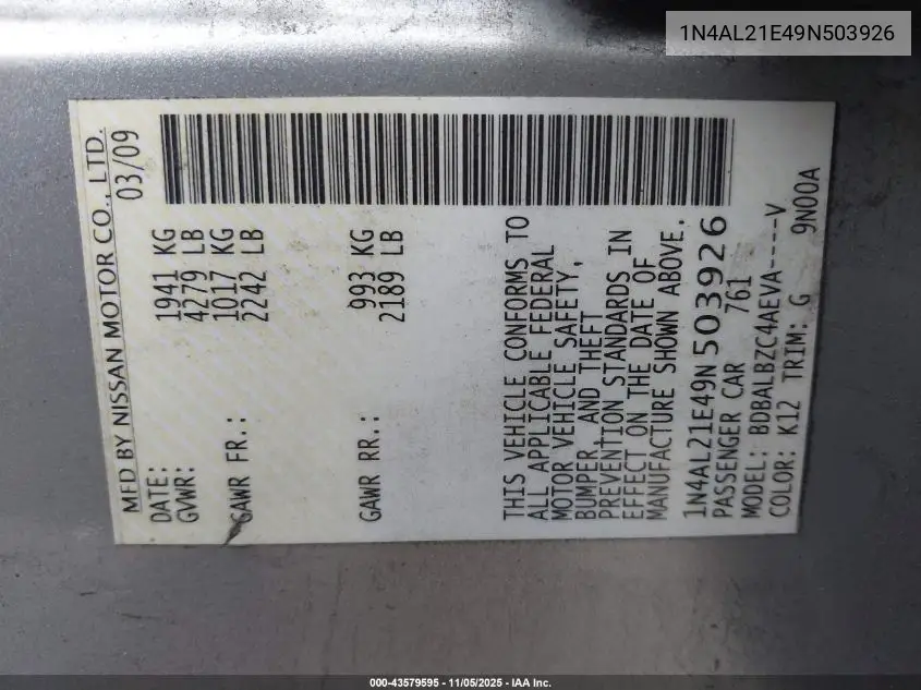 1N4AL21E49N503926 2009 Nissan Altima 2.5 S