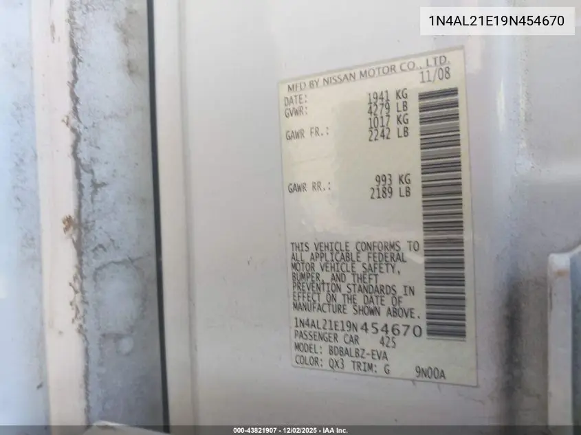 1N4AL21E19N454670 2009 Nissan Altima 2.5 S