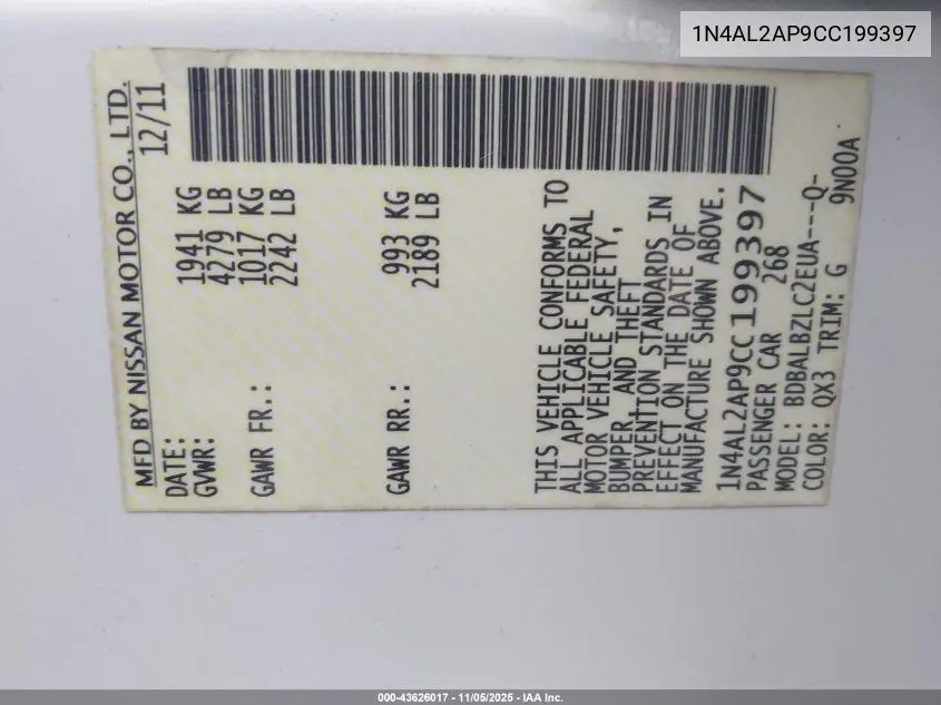 1N4AL2AP9CC199397 2012 Nissan Altima 2.5 S