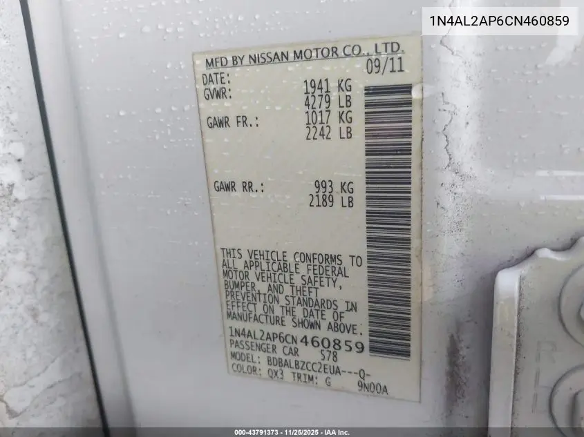 1N4AL2AP6CN460859 2012 Nissan Altima 2.5 S