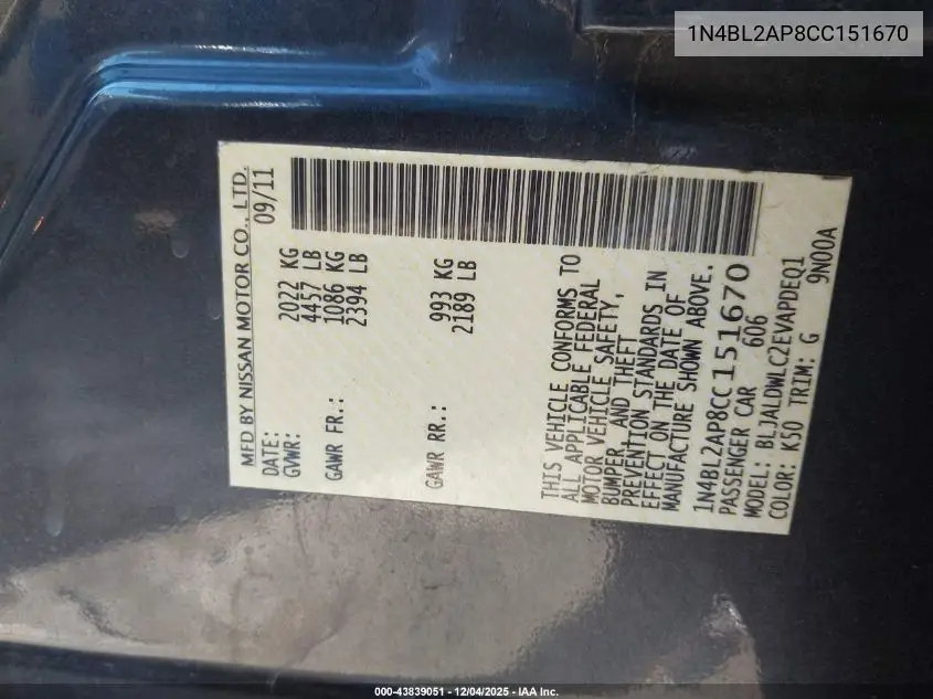 1N4BL2AP8CC151670 2012 Nissan Altima 3.5 Sr