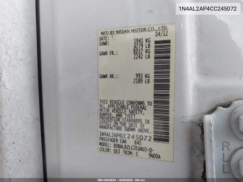 1N4AL2AP4CC245072 2012 Nissan Altima 2.5 S