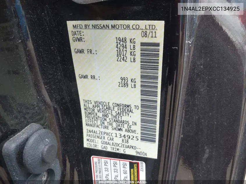 1N4AL2EPXCC134925 2012 Nissan Altima 2.5 S