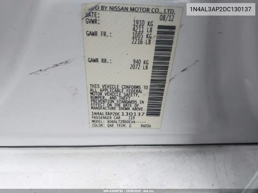 1N4AL3AP2DC130137 2013 Nissan Altima 2.5 Sv