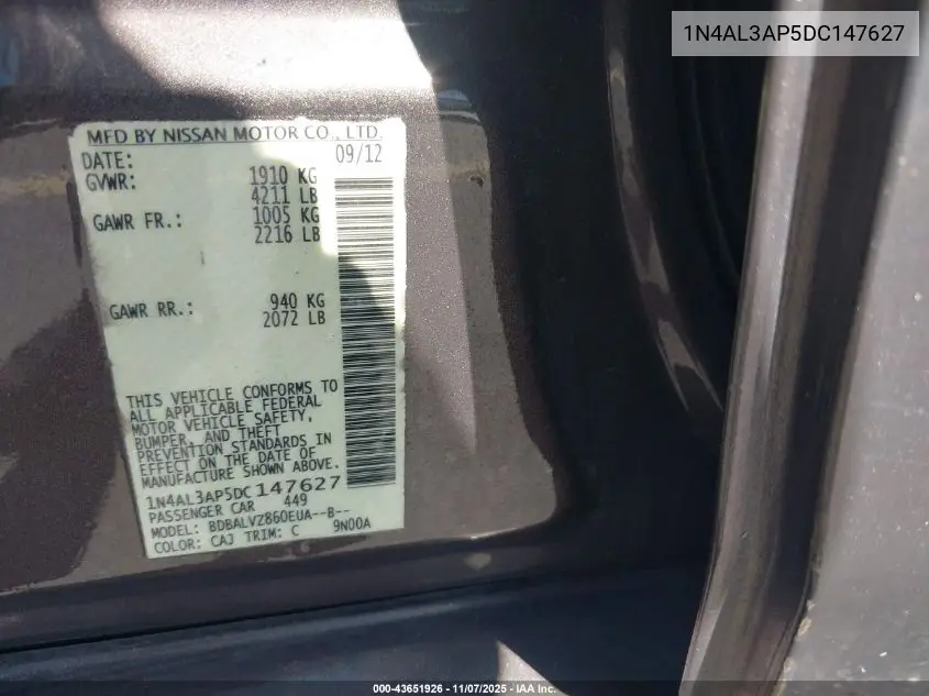1N4AL3AP5DC147627 2013 Nissan Altima 2.5 Sl