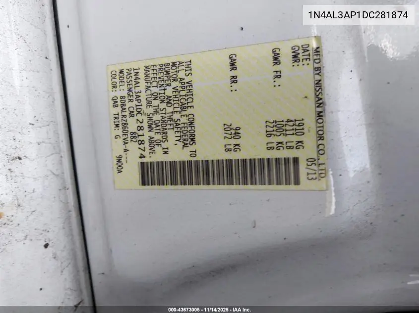 1N4AL3AP1DC281874 2013 Nissan Altima 2.5 S