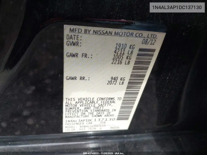 1N4AL3AP1DC137130 2013 Nissan Altima 2.5 Sv