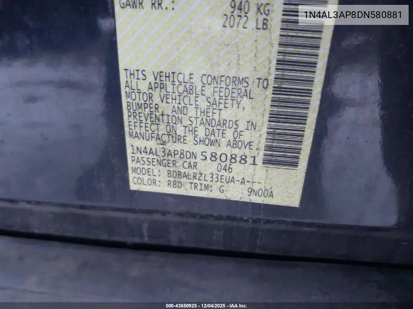 1N4AL3AP8DN580881 2013 Nissan Altima 2.5 S