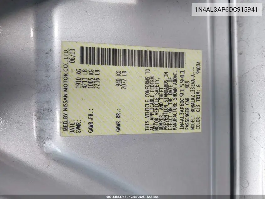 1N4AL3AP6DC915941 2013 Nissan Altima 2.5 S
