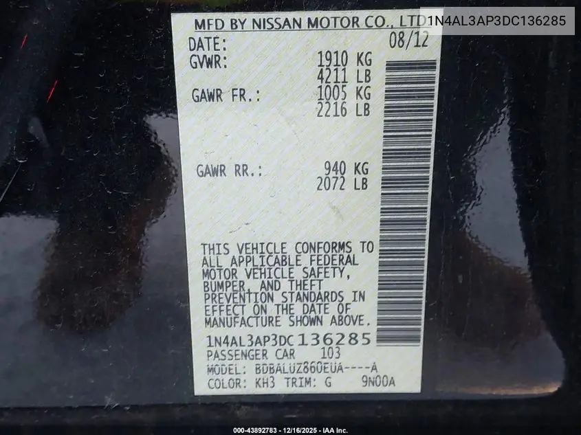 1N4AL3AP3DC136285 2013 Nissan Altima 2.5 Sv