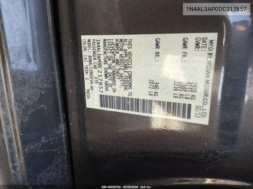 1N4AL3AP0DC217857 2013 Nissan Altima 2.5 Sv