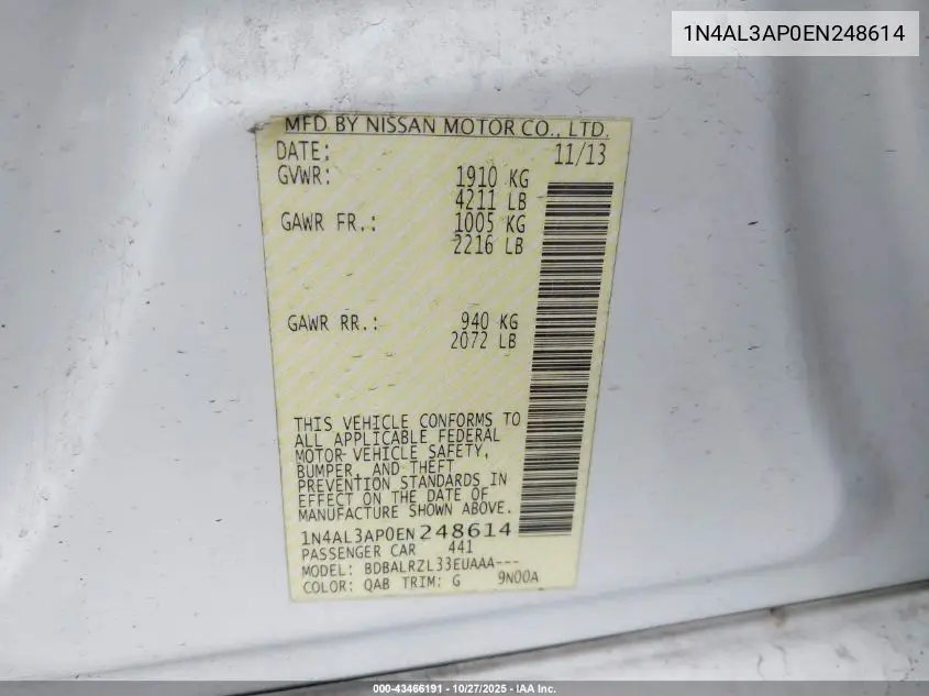 1N4AL3AP0EN248614 2014 Nissan Altima 2.5 S