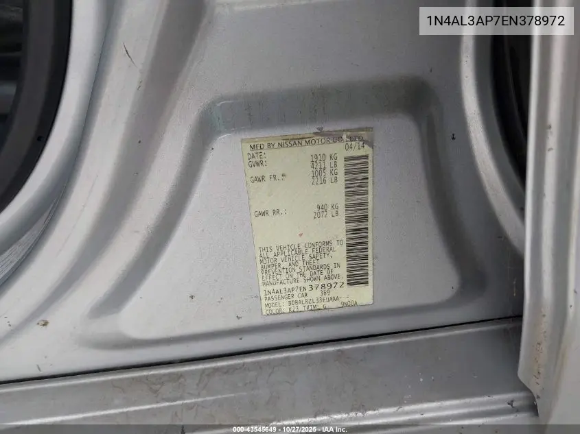 1N4AL3AP7EN378972 2014 Nissan Altima 2.5/2.5 S/2.5 Sl/2.5 Sv