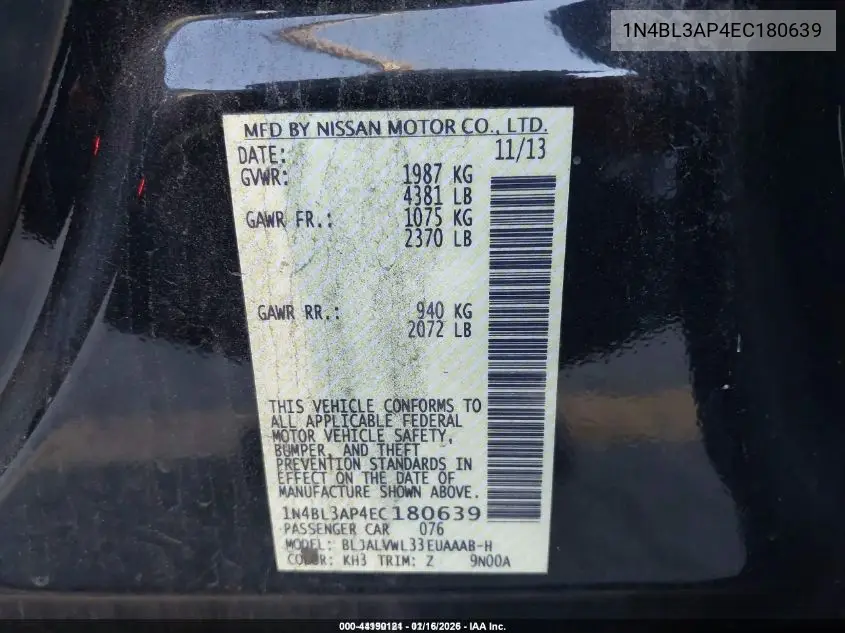 1N4BL3AP4EC180639 2014 Nissan Altima 3.5 Sl