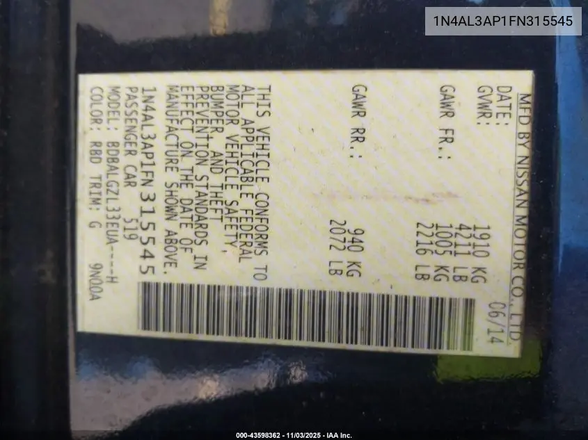 1N4AL3AP1FN315545 2015 Nissan Altima 2.5 S