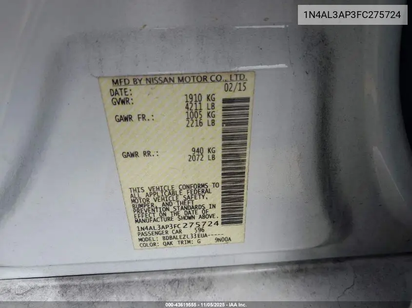 1N4AL3AP3FC275724 2015 Nissan Altima 2.5/2.5 S/2.5 Sl/2.5 Sv