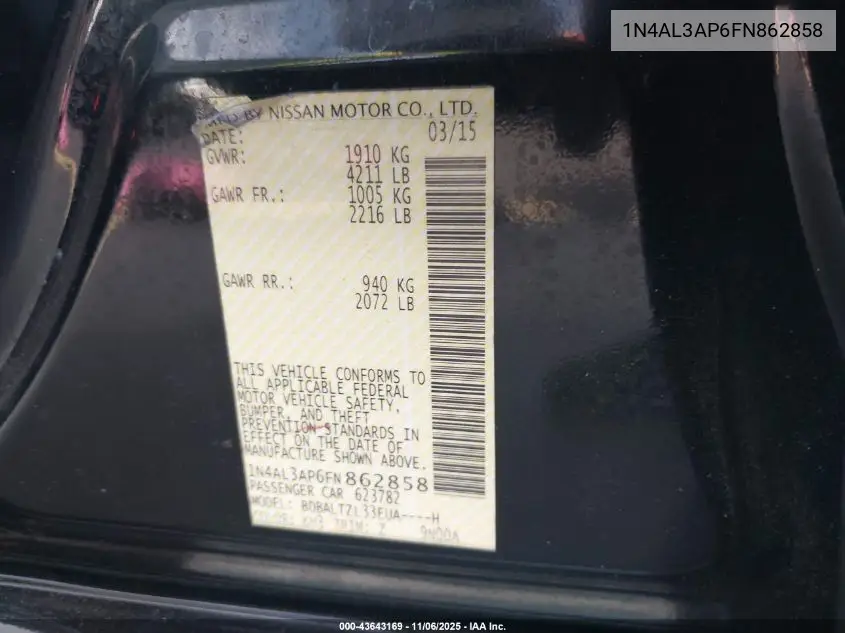 1N4AL3AP6FN862858 2015 Nissan Altima 2.5 Sl