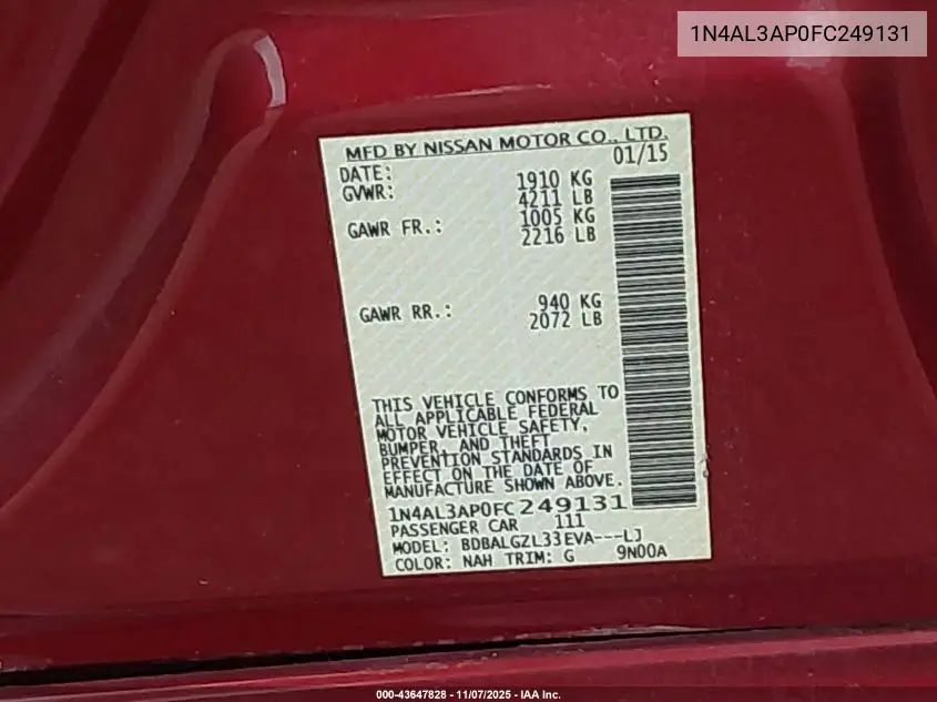 1N4AL3AP0FC249131 2015 Nissan Altima 2.5 S