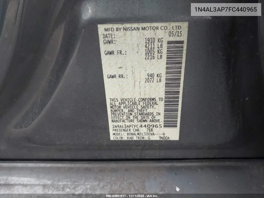 1N4AL3AP7FC440965 2015 Nissan Altima 2.5 Sv