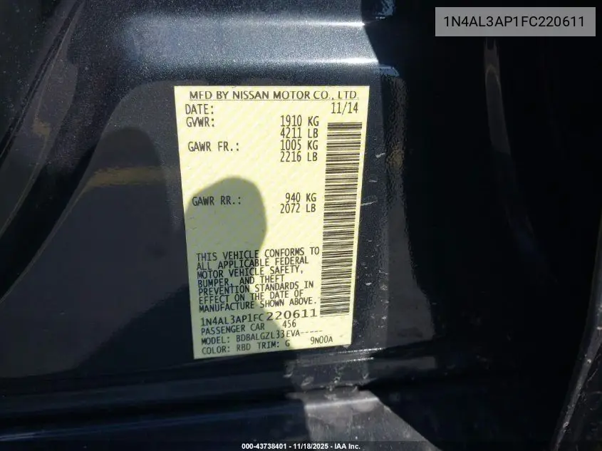1N4AL3AP1FC220611 2015 Nissan Altima 2.5/2.5 S/2.5 Sl/2.5 Sv