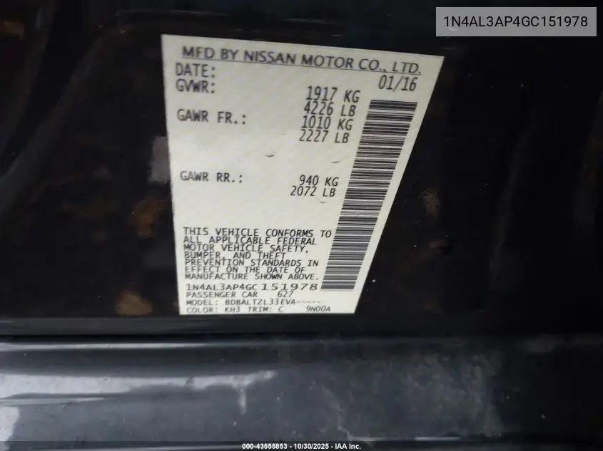 1N4AL3AP4GC151978 2016 Nissan Altima 2.5 Sl