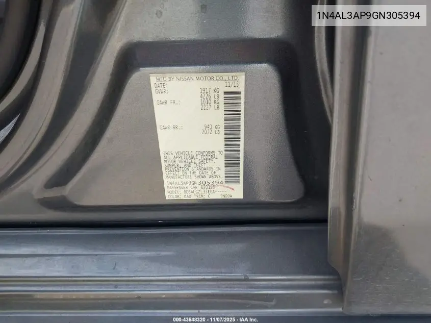1N4AL3AP9GN305394 2016 Nissan Altima 2.5/2.5 S/2.5 Sl/2.5 Sr/2.5 Sv