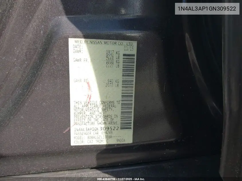 1N4AL3AP1GN309522 2016 Nissan Altima 2.5/2.5 S/2.5 Sl/2.5 Sr/2.5 Sv