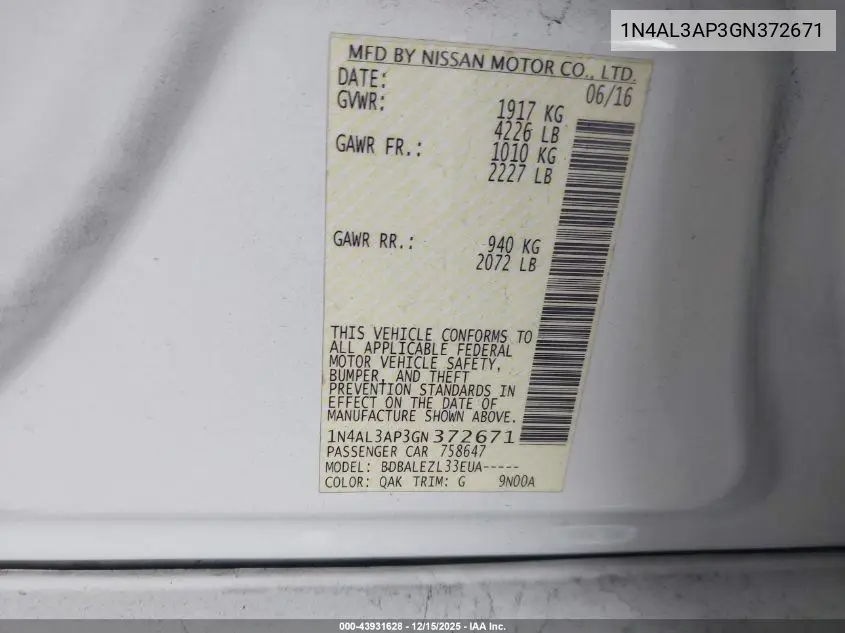 1N4AL3AP3GN372671 2016 Nissan Altima 2.5/2.5 S/2.5 Sl/2.5 Sr/2.5 Sv