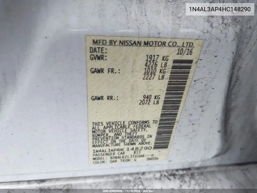 1N4AL3AP4HC148290 2017 Nissan Altima 2.5 Sv