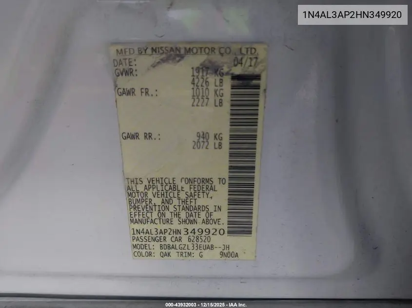 1N4AL3AP2HN349920 2017 Nissan Altima 2.5 S