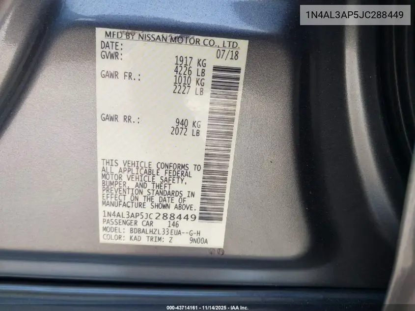 1N4AL3AP5JC288449 2018 Nissan Altima 2.5 Sr