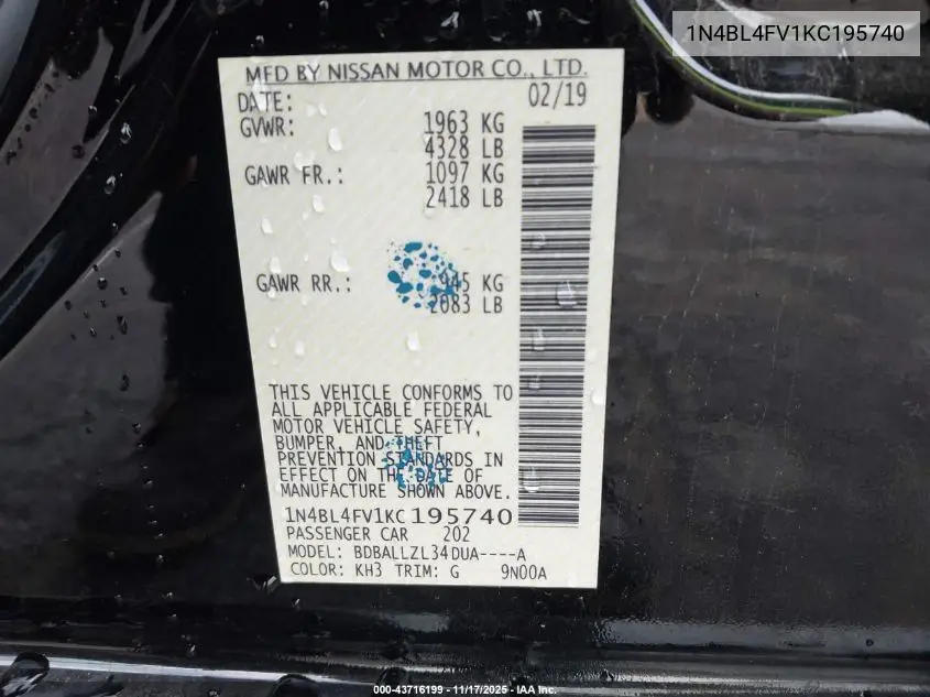 1N4BL4FV1KC195740 2019 Nissan Altima 2.5 Platinum