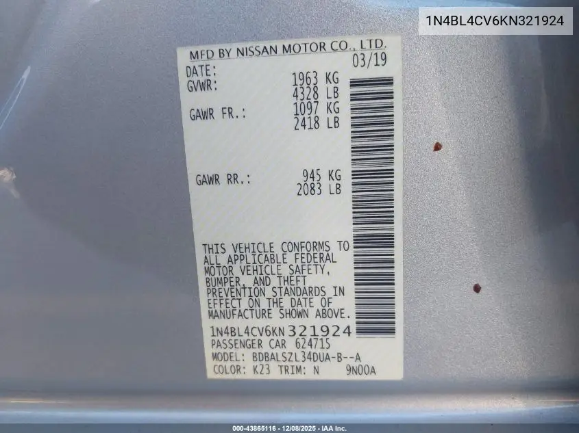 1N4BL4CV6KN321924 2019 Nissan Altima 2.5 Sr