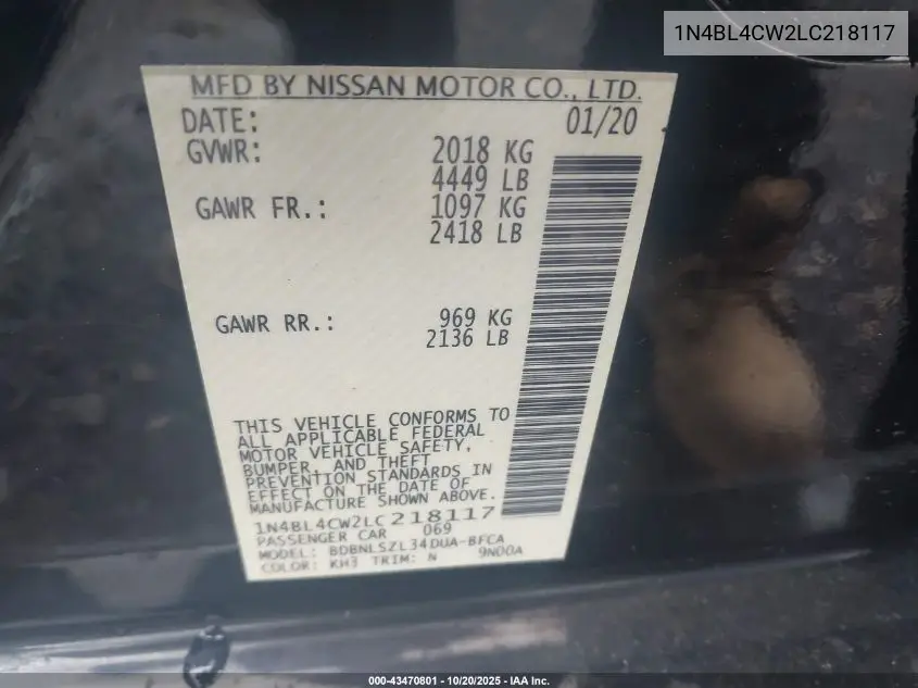 1N4BL4CW2LC218117 2020 Nissan Altima Sr Intelligent Awd