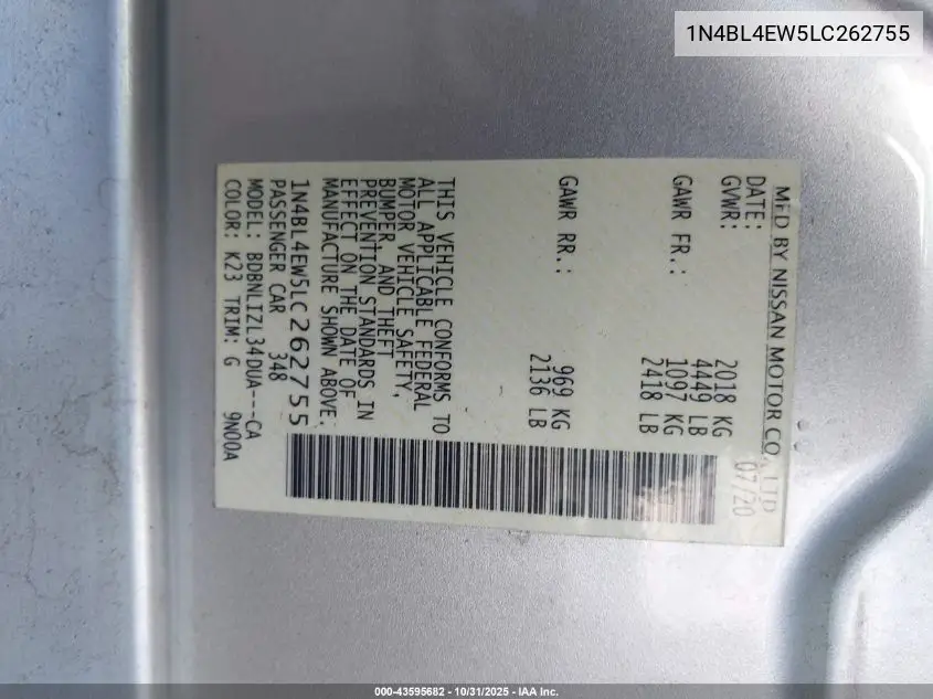 1N4BL4EW5LC262755 2020 Nissan Altima Sl Intelligent Awd