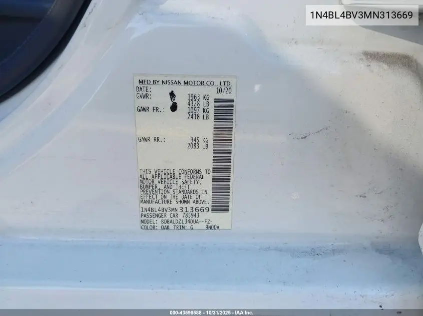 1N4BL4BV3MN313669 2021 Nissan Altima S Fwd