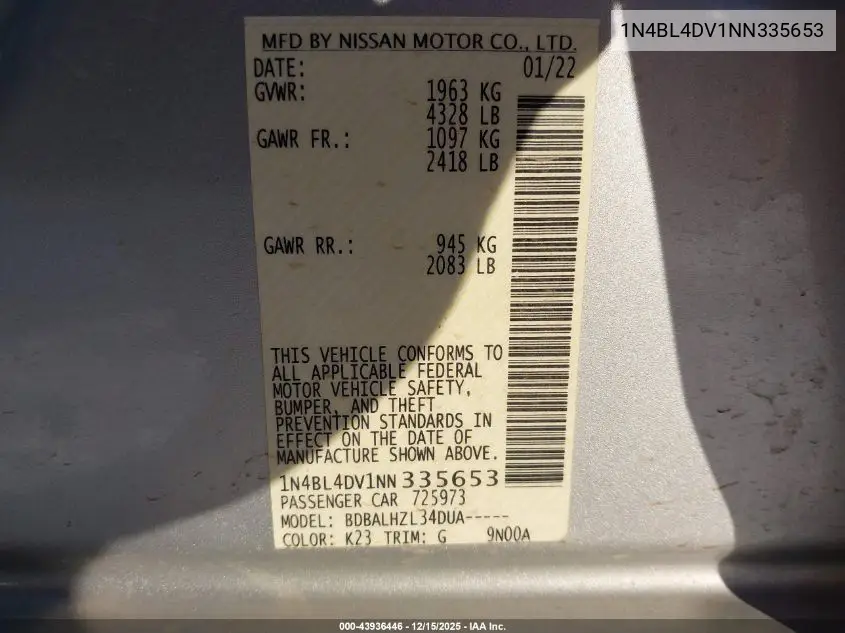 1N4BL4DV1NN335653 2022 Nissan Altima Sv Fwd