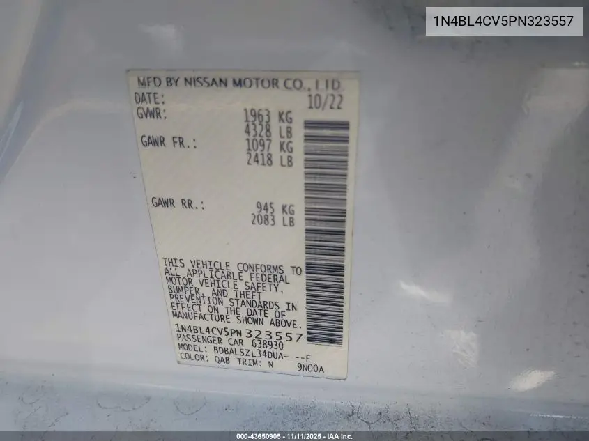 1N4BL4CV5PN323557 2023 Nissan Altima Sr Fwd