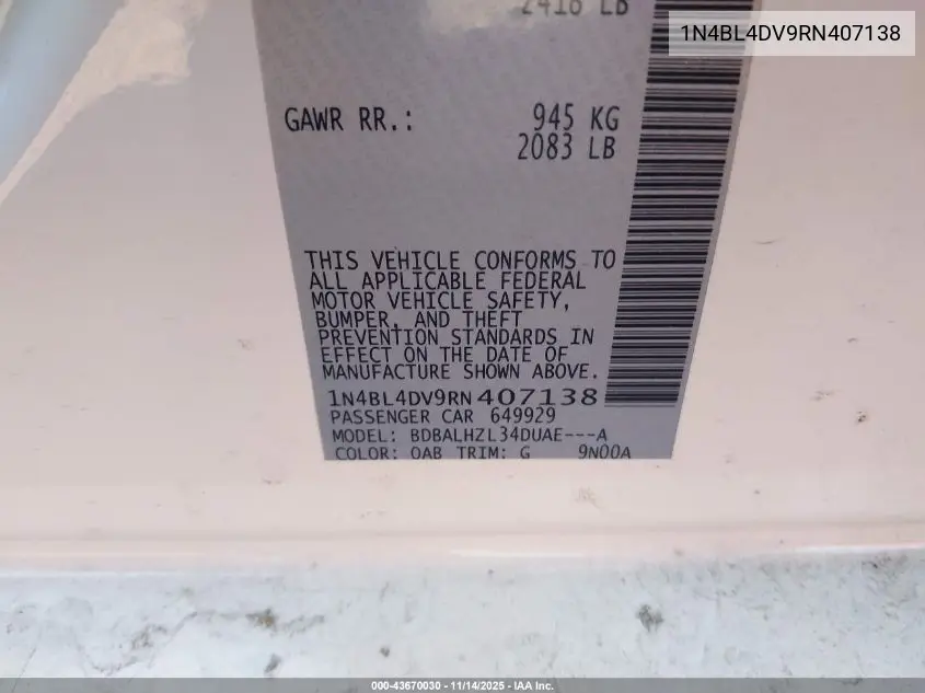 1N4BL4DV9RN407138 2024 Nissan Altima Sv Fwd