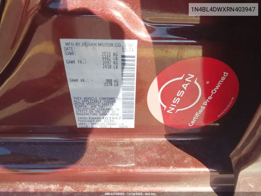 1N4BL4DWXRN403947 2024 Nissan Altima Sv Intelligent Awd