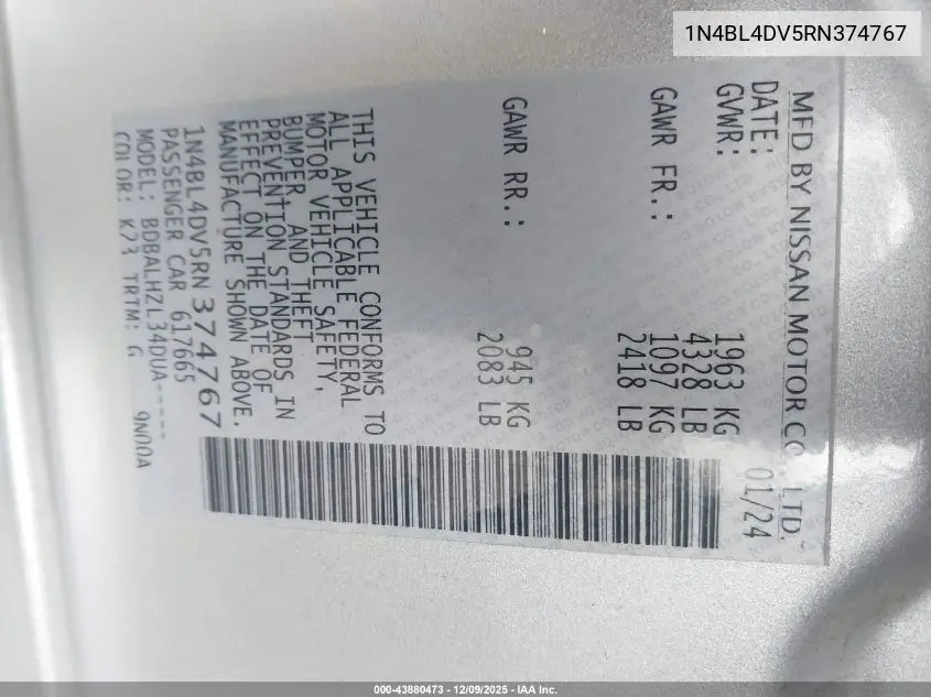 1N4BL4DV5RN374767 2024 Nissan Altima Sv Fwd