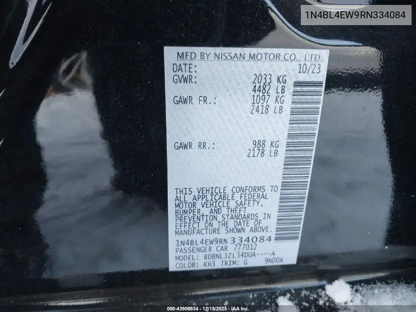 1N4BL4EW9RN334084 2024 Nissan Altima Sl Intelligent Awd