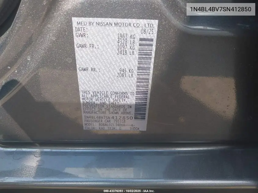 1N4BL4BV7SN412850 2025 Nissan Altima S Fwd