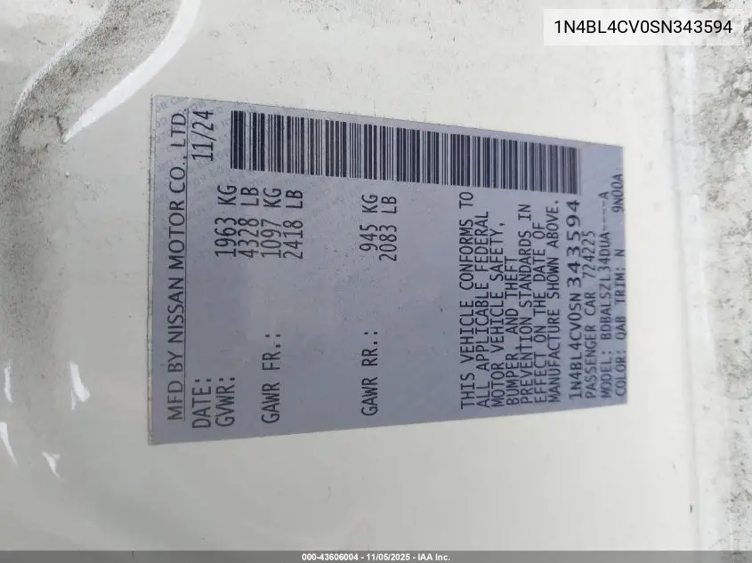 1N4BL4CV0SN343594 2025 Nissan Altima Sr Fwd