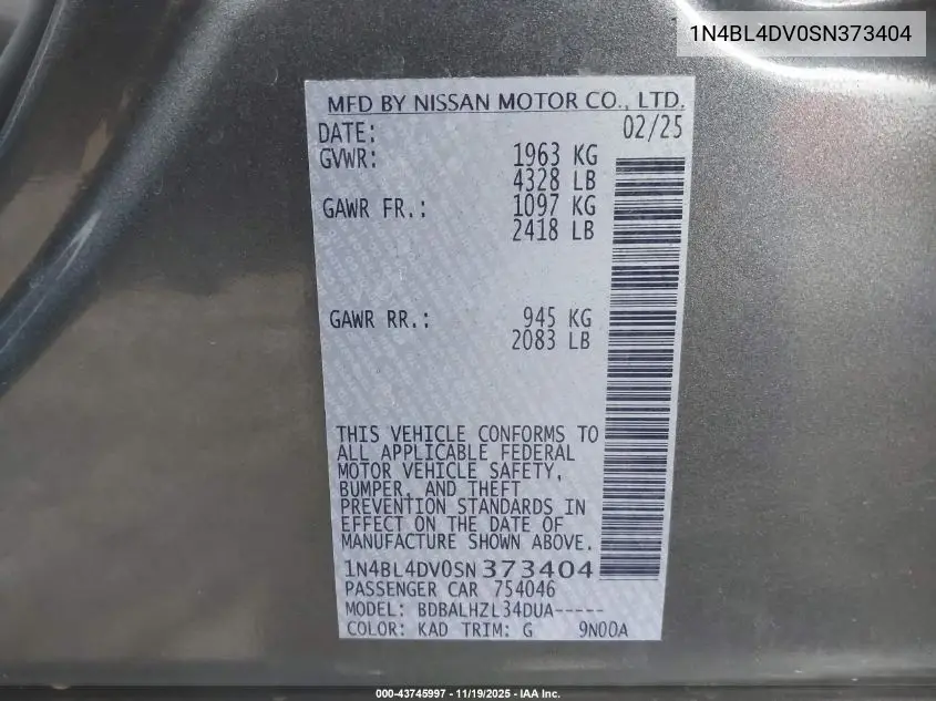 1N4BL4DV0SN373404 2025 Nissan Altima Sv Fwd
