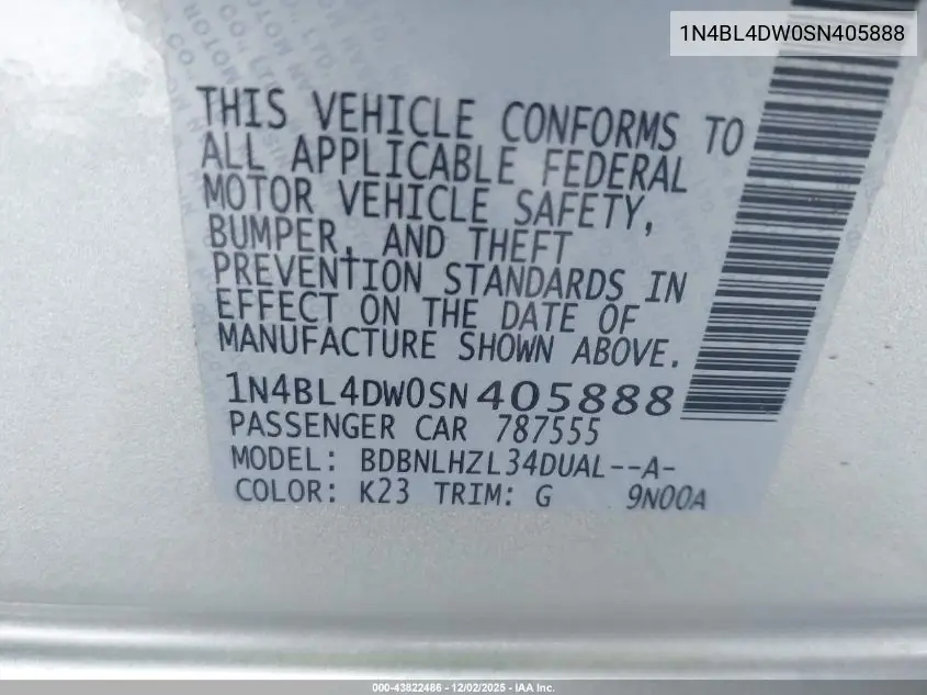 1N4BL4DW0SN405888 2025 Nissan Altima Sv Awd