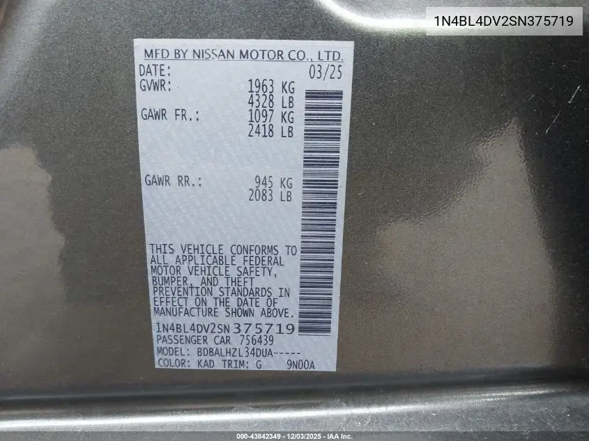1N4BL4DV2SN375719 2025 Nissan Altima Sv Fwd