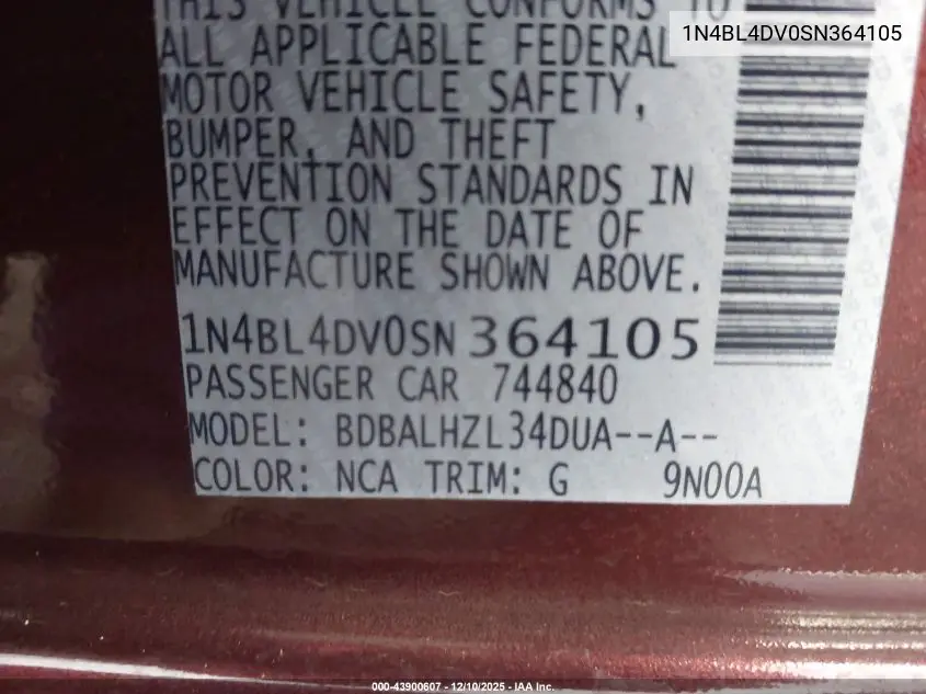 1N4BL4DV0SN364105 2025 Nissan Altima Sv Fwd